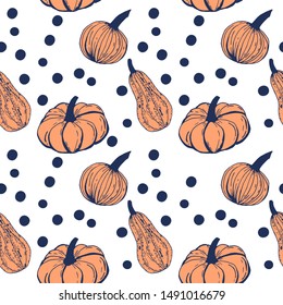 Hand drawn ink pumpkins with polka dots on white background, vector seamless pattern.