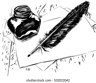 Hand drawn ink quill and bottle illustration