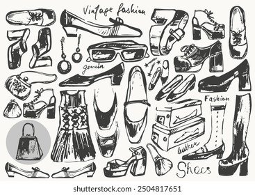 Hand drawn ink retro shoes illustration. Set of different types of 70s footwear with platform heels and accessories.