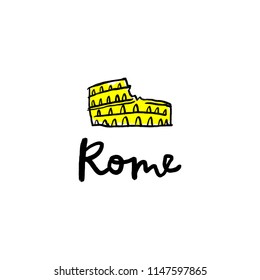 Hand drawn ink Rome colosseum icon, doodle style. Poster, postcard, print for mugs, souvenirs and other. Vector Illustration, clipart. Isolated on white background.