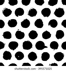 Hand drawn ink round shapes seamless pattern. Black and white circle brush stroke texture