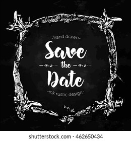 Hand drawn ink rustic design vector elements. Wreath made of dry tree branches and wooden twigs in natural rural style. Highly detailed ink art in engraved style on chalkboard background.