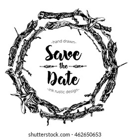 Hand drawn ink rustic design vector elements. Wreath made of dry tree branches and wooden twigs in natural rural style. Vintage, boho, tribal rustic set. Highly detailed ink art in engraved style