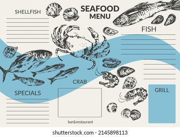 Hand drawn ink seafood, fish sketch menu background. Crab, oyster, prawn, shrimp, mussel, salmon, tuna, sardine, anchovy, sea bass.