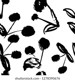 Hand drawn ink seamless pattern. Floral elements for design. White background.
