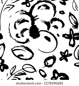 Hand drawn ink seamless pattern. Floral elements for design. White background.
