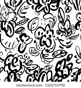 Hand drawn ink seamless pattern. Floral elements for design. White background. 