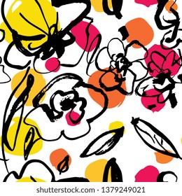 Hand drawn ink seamless pattern. Watercolor wild flowers. Floral elements for design. White background.