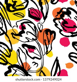 Hand drawn ink seamless pattern. Watercolor wild flowers. Floral elements for design. White background.