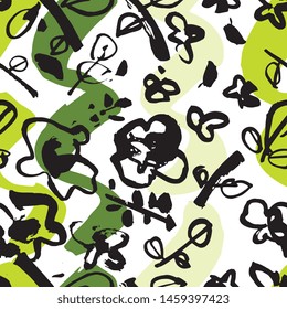 Hand drawn ink seamless pattern. Floral elements for design. White background.