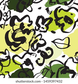 Hand drawn ink seamless pattern. Floral elements for design. White background.