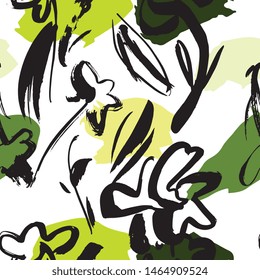 Hand drawn ink seamless pattern. Floral elements for design. White background.