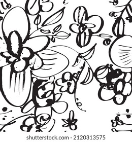 Hand drawn ink seamless pattern. Watercolor wild flowers. Floral elements for design. White background.