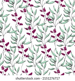 Hand drawn ink seamless pattern of green leaves and red berries, summer vintage pattern.