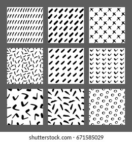 Hand drawn ink seamless pattern set. Simple Vector backgrounds with dots, stripes, lines, waves, hearts, scratches.