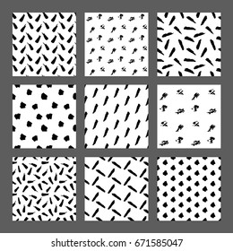 Hand drawn ink seamless pattern set. Simple Vector backgrounds with dots, stripes, lines, waves, hearts, scratches.