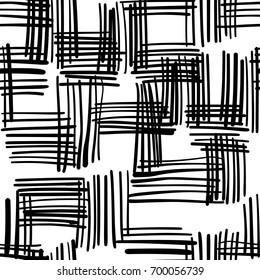 Hand drawn ink seamless pattern isolated on white. Endless vector primitive background with black lines. Vector illustration.