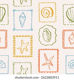 Hand drawn ink seashells seamless pattern