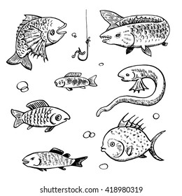 Hand drawn ink set of cute, cartoon, doodle fishes. Vector illustration.  