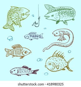 Hand drawn ink set of cute, cartoon, doodle fishes. Vector illustration.  