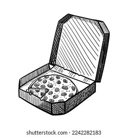 Hand drawn ink set of pizza boxes. Sketch Open pizza box. Hand drawn Pizza in cardboard box. Delivery vintage ink illustration.