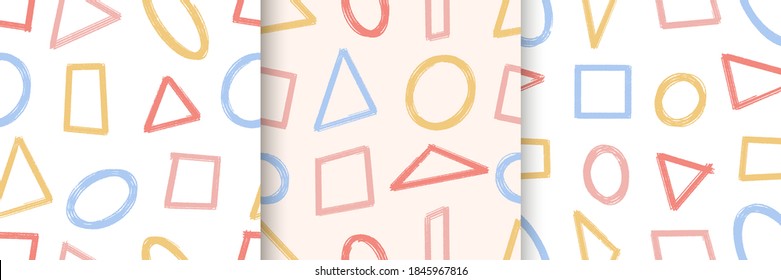 Hand drawn ink shapes. Set of Vector geometric pattern. Pastel colours. Great for print, textile, design, wrapping paper, fabric, wallpaper. Blue, yellow, red squares,triangles and rounds