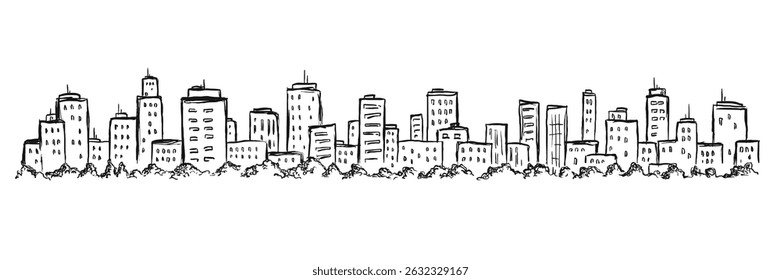 Hand drawn ink sketch city panorama in doodle outline style. Vector illustration urban landscape.