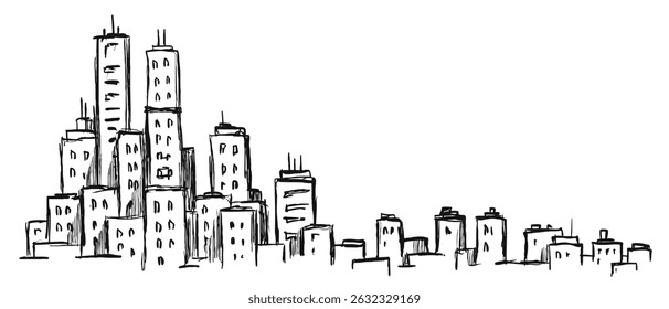 Hand drawn ink sketch city panorama in doodle outline style. Vector illustration urban landscape.