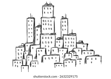 Hand drawn ink sketch city panorama in doodle outline style. Vector illustration urban landscape.
