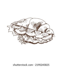 Hand drawn Ink Sketch of Croissant stuffed with lettuce, cheese and tomatoes. Vector illustration. Food elements for menu design. Vintage breakfast. 