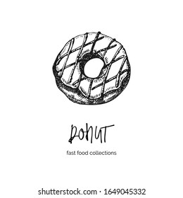 Hand drawn ink sketch donut. Engraving style. Fast food breakfast collection. Good idea for your cafe menu design, street festival flyer, sticker, tattoo, fashion print. Vector illustration