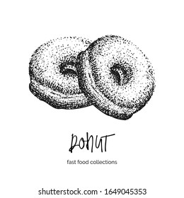 Hand drawn ink sketch donut. Engraving style. Fast food breakfast collection. Good idea for your cafe menu design, street festival flyer, sticker, tattoo, fashion print. Vector illustration