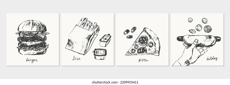 Hand drawn ink sketch of food objects. Fast food french fries, burger, pizza slice, hand holding hot dog. For menu design, background.