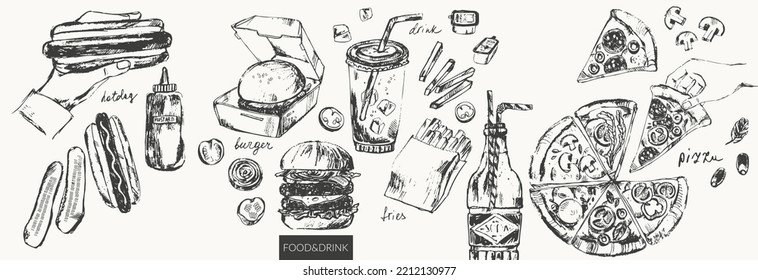 Hand drawn ink sketch of food and drink objects. Fast food hot dog, french fries, burger, pizza, sauce bottle, soda drink, hand holding food. For menu design, background.