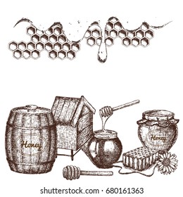 Hand drawn ink sketch illustration, set of honey, organic nature products. Vector