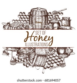 Hand drawn ink sketch illustration, set of honey, organic nature products. Vector