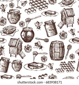 Hand drawn ink sketch illustration,  seamless honey background, organic nature products. Vector