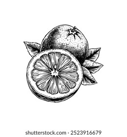 Hand drawn ink sketch lemon. Engraving style vector illustrations