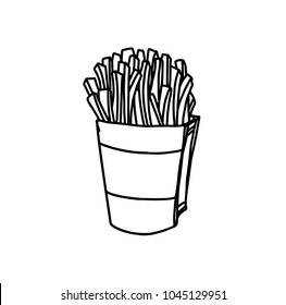 Hand Drawn Ink Sketch of Pack of salty French Fries on White Background