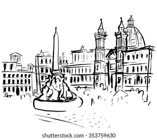 Hand drawn ink sketch of Piazza Navona in Rome, Italy. Clip art illustration isolated on white background