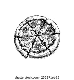 Hand drawn ink sketch pizza. Engraving style vector illustrations