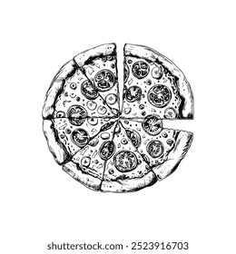 Pizza de esboço à tinta desenhada à mão. Ilustrações de vetor de estilo de gravação