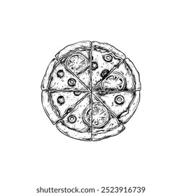 Hand drawn ink sketch pizza. Engraving style vector illustrations