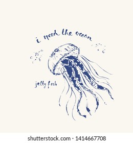 Hand drawn ink sketch of a sea animal. Jelly fish with bubbles and lettering. I need the ocean. Summer illustration.