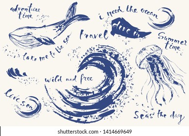 Hand drawn ink sketch of a sea animals and ocean wave with bubbles. Jelly fish, blue whale and lettering. Summer illustration.