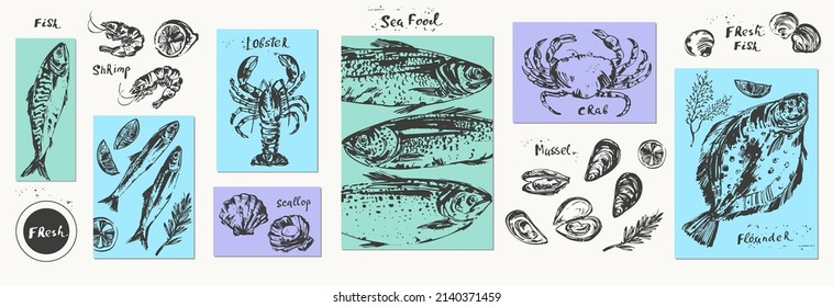 Un boceto de tinta dibujado a mano de marisco, pescado para fondo de menú. Cangrejo, bogavante, ostra, gambas, gambas, mejillón, salmón, atún, trucha, sardina, anchoa, flounder, caballa.