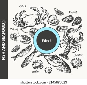 Hand drawn ink sketch of seafood and fish. Sardines, lobster, crab, oyster, prawn, shrimp, mussel, shellfish, scallop, tuna. Illustration set for food background, menu design.