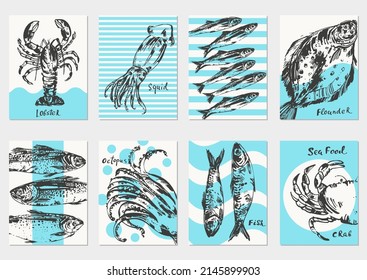 Hand drawn ink sketch of seafood, fish background with blue stripes and waves. Salmon, tuna, trout, sardine, anchovy, flounder, crab, lobster, octopus, squid, sea bass.