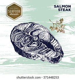 Hand drawn ink sketch seafood of salmon steak on grunge wood texture background. Vector illustration. Vintage style. 