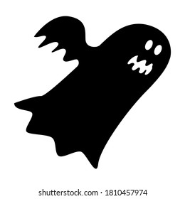 Hand drawn ink sketch. Simple children's drawing. Cartoon style. Cute and funny. Black ghost on white background. Halloween sticker. Scary and ugly creatures. For postcards and posters